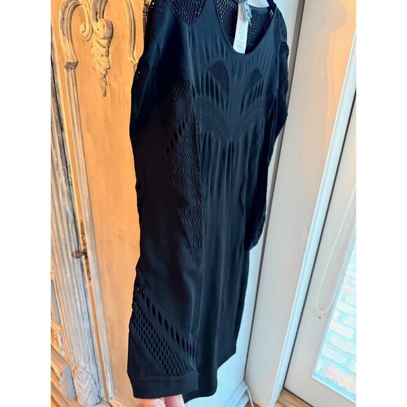 McQ Alexander McQueen Midi Dress Sz L Black Mesh Cutout Knit Bodycon Long Sleeve - Picture 9 of 15
